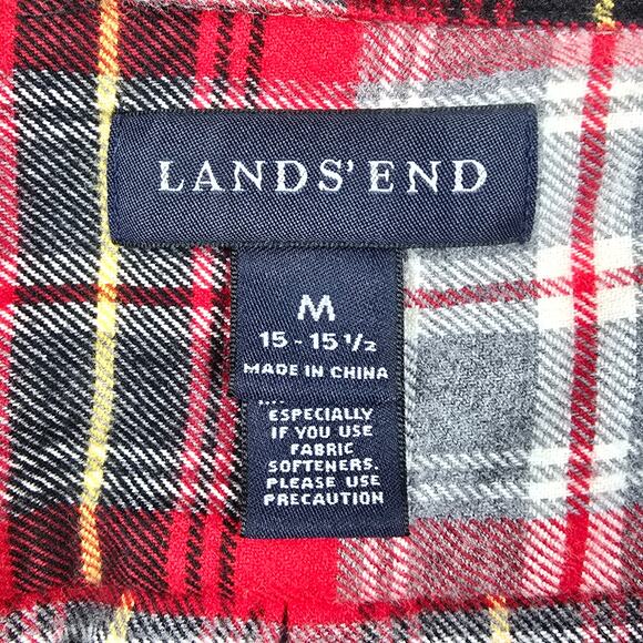 Lands' End Mens Medium (15-15 1/2) Flannel Shirt Red Gray Plaid Long Sleeve - Picture 4 of 8